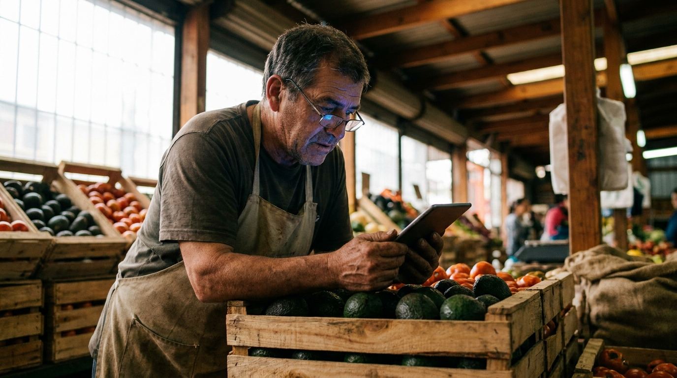 Comerciante revisando el inventario de su local en una tablet