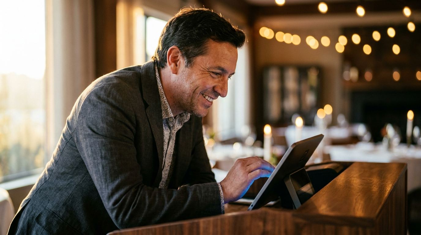 Dueño de un restaurante gestionando reservas desde una tablet